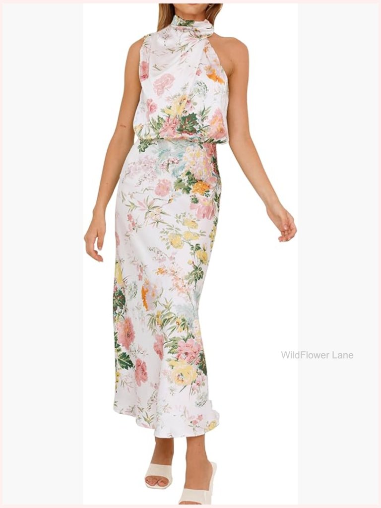Satin Sleeveless Mock Neck Maxi Dress Cocktail Party Wedding Guest